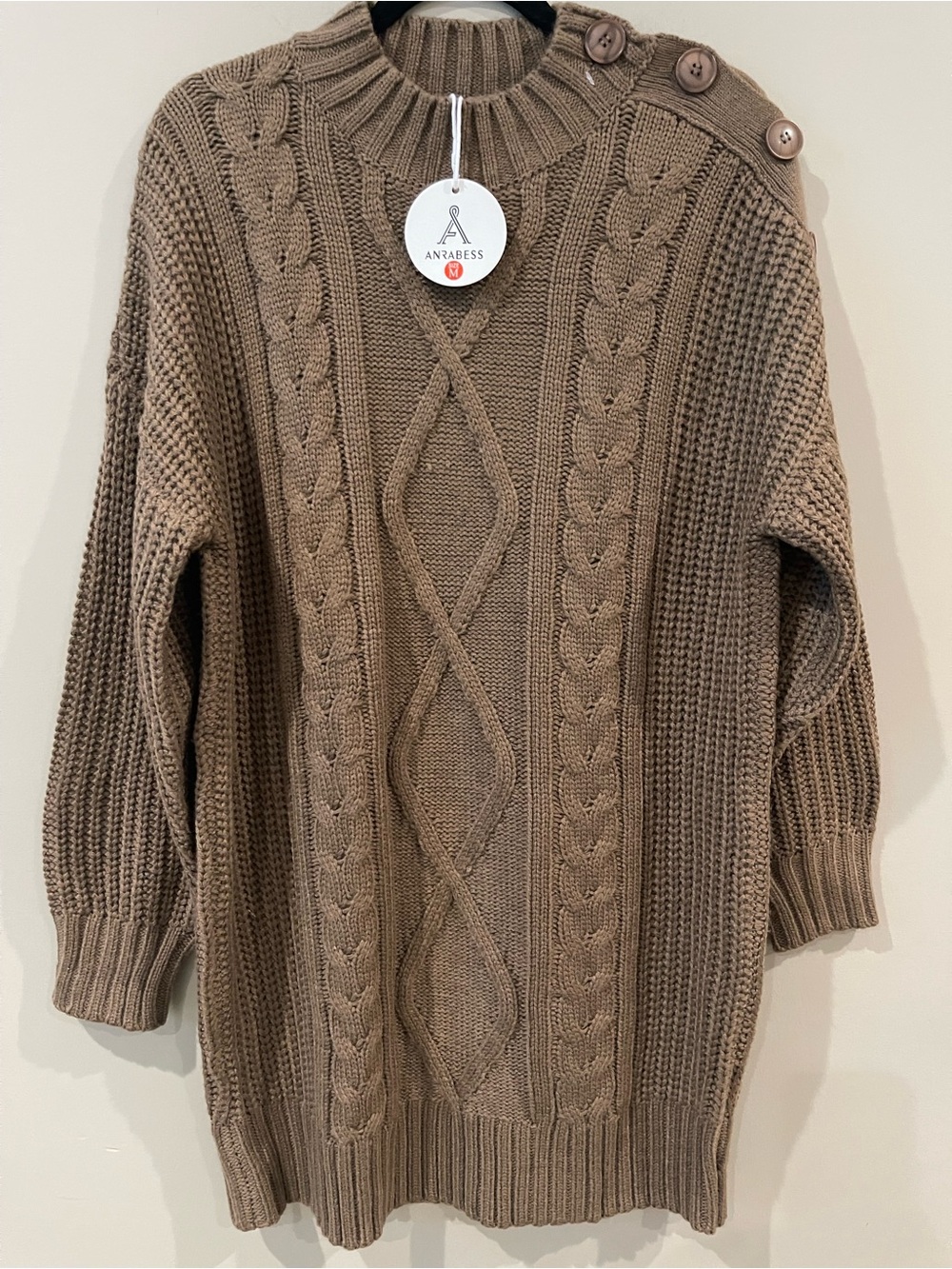 ANRABESS Taupe Cable Knit Crew Sweater with Shoulder Buttons